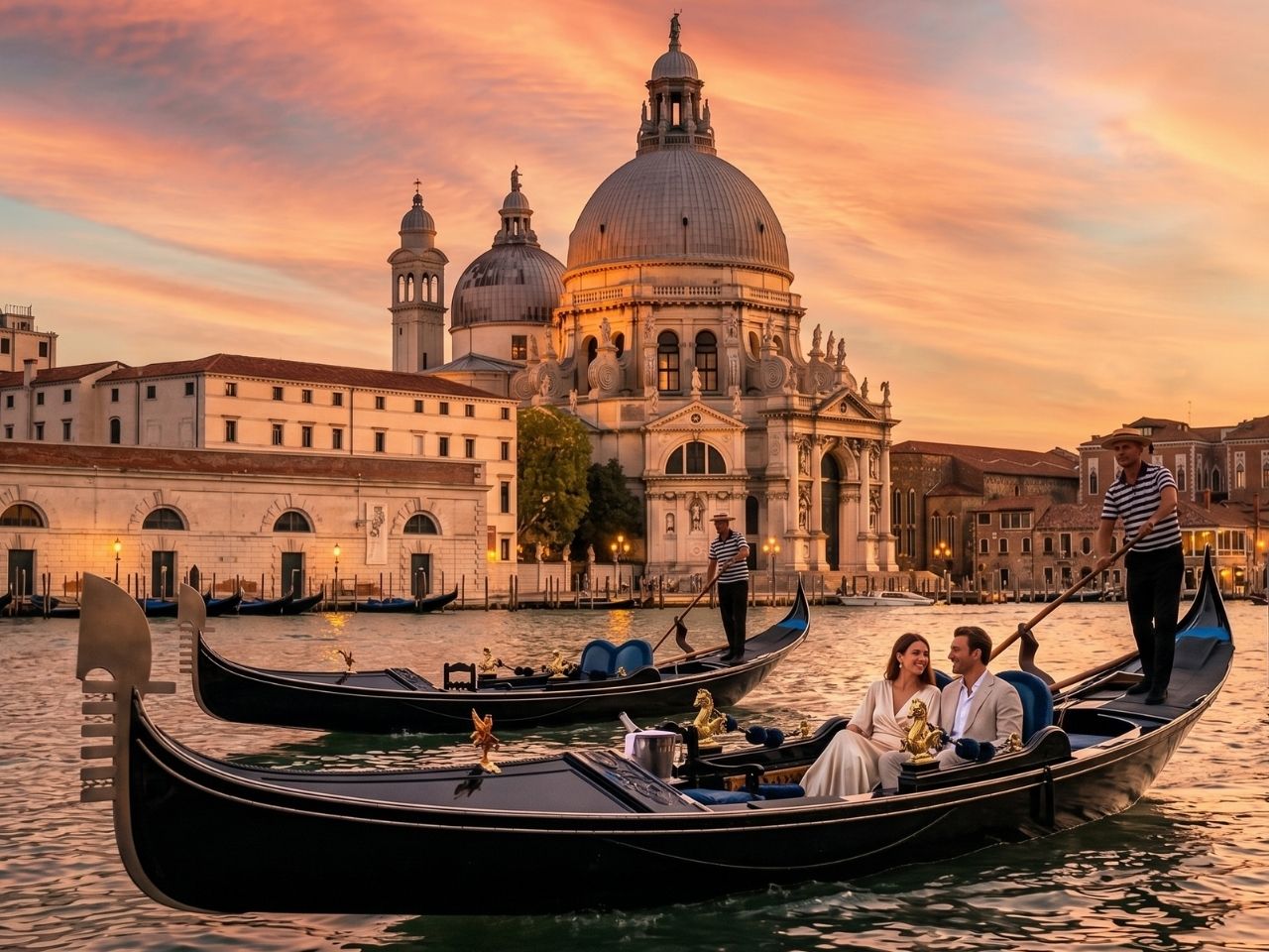 Gondolas passing Santa Maria della Salute in Venice