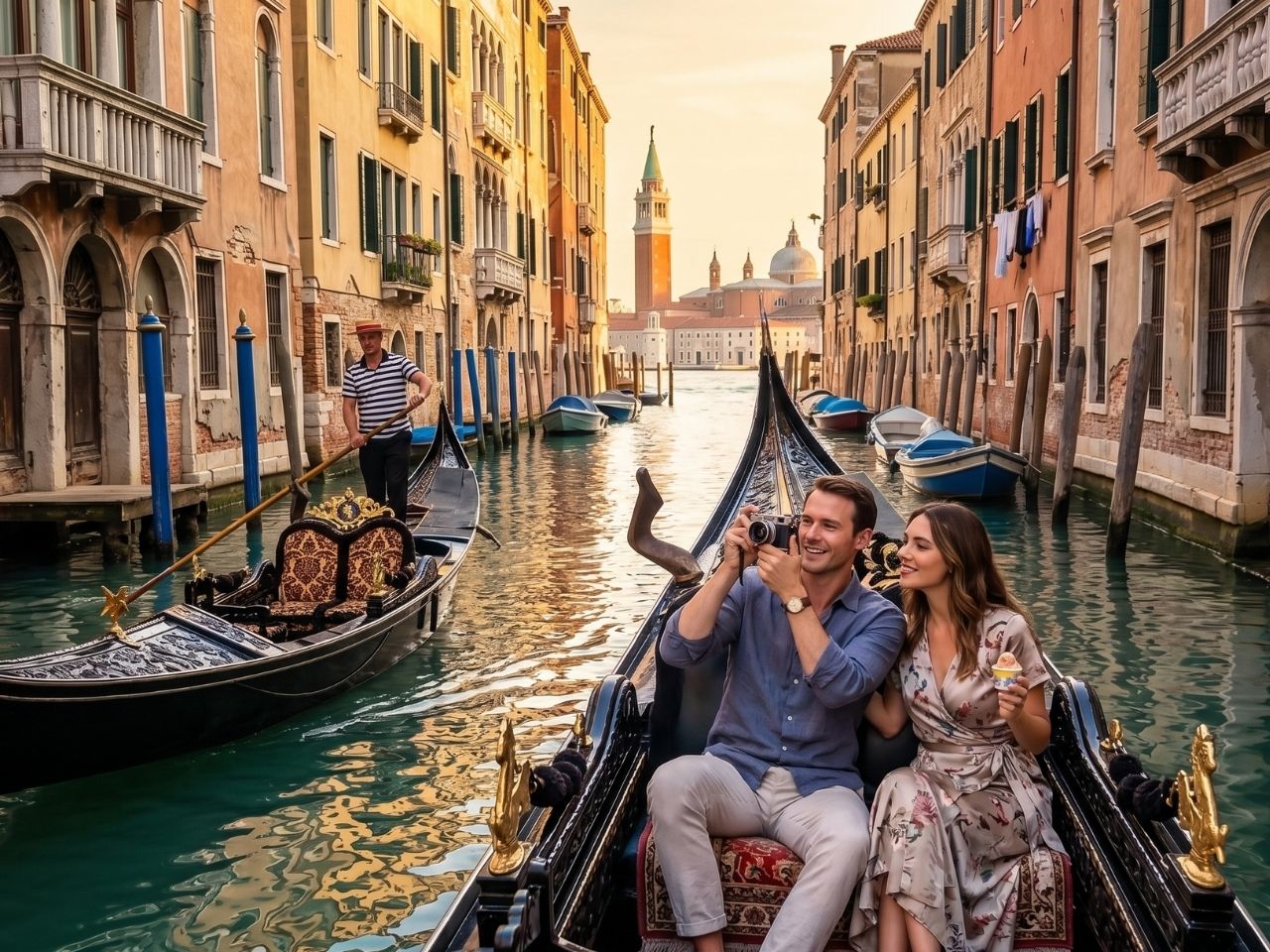 Passengers enjoying a gondola ride through a smaller Venetian canal