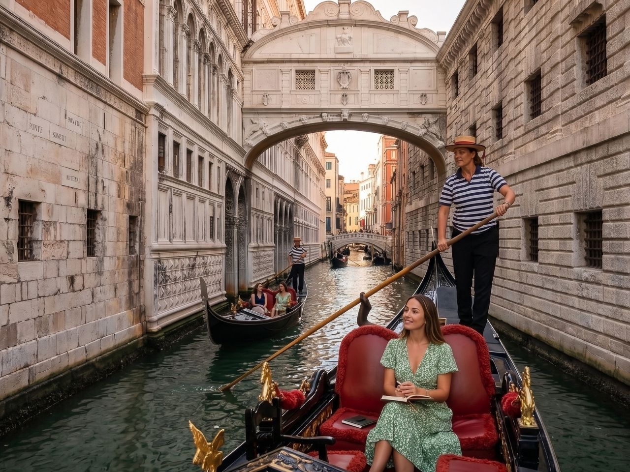 A gondola travelling beneath Venice’s historic bridges